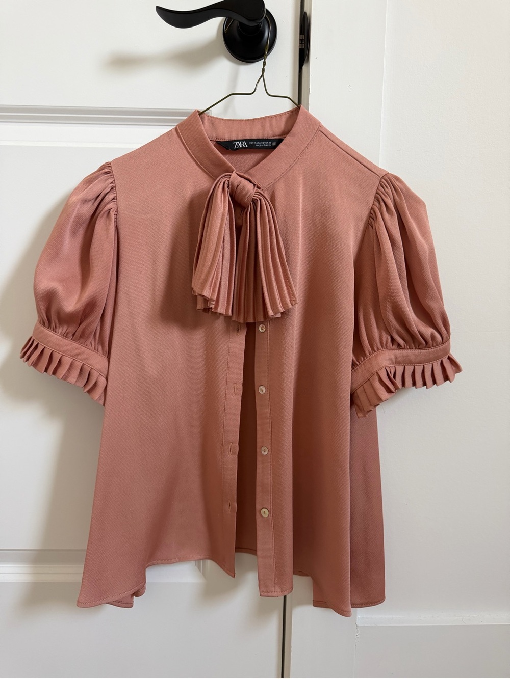 ZARA Dusty Rose Pleated Tie-Neck Puff Sleeve Blouse
